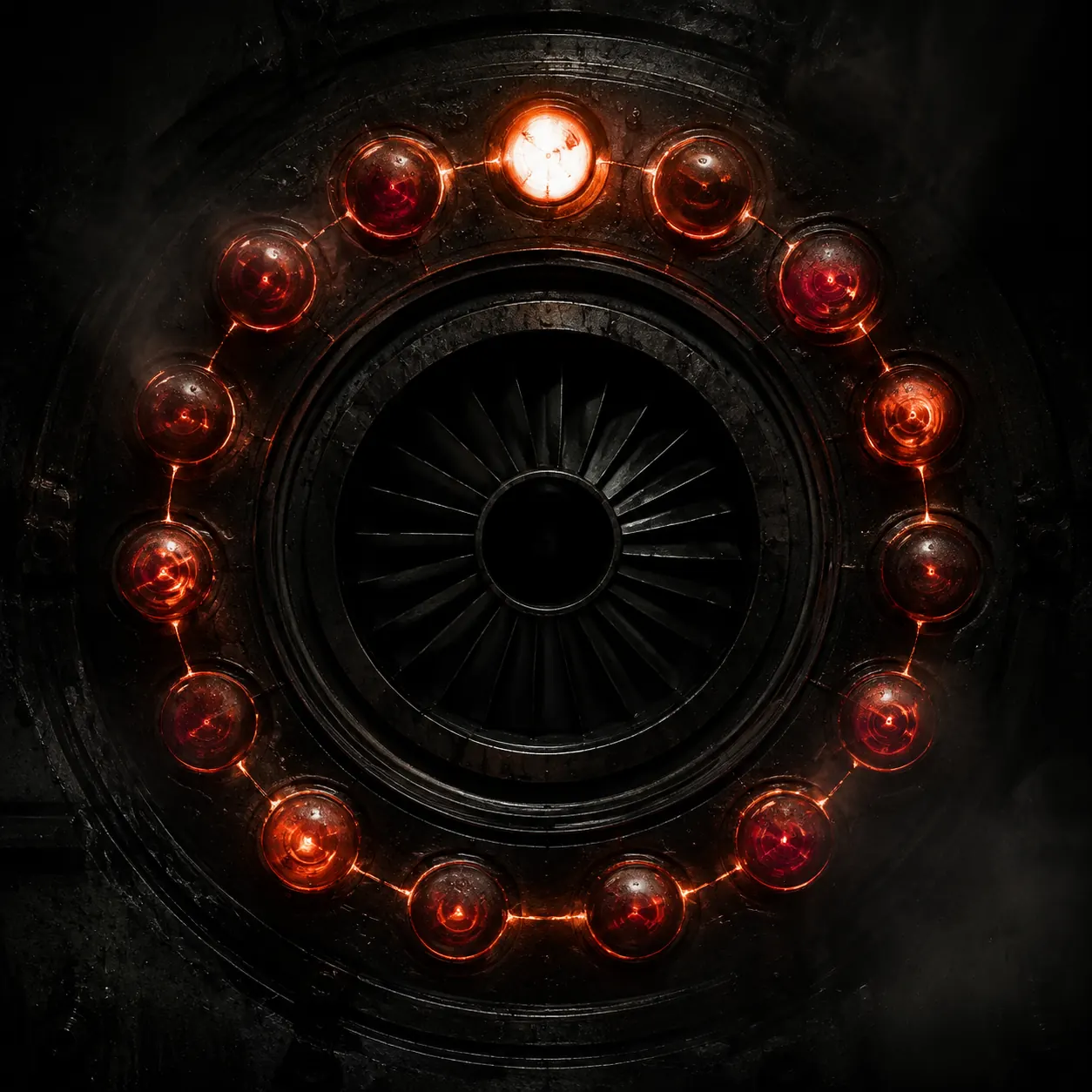 A dark turbine aperture encircled by a thin ring of furnace-red light