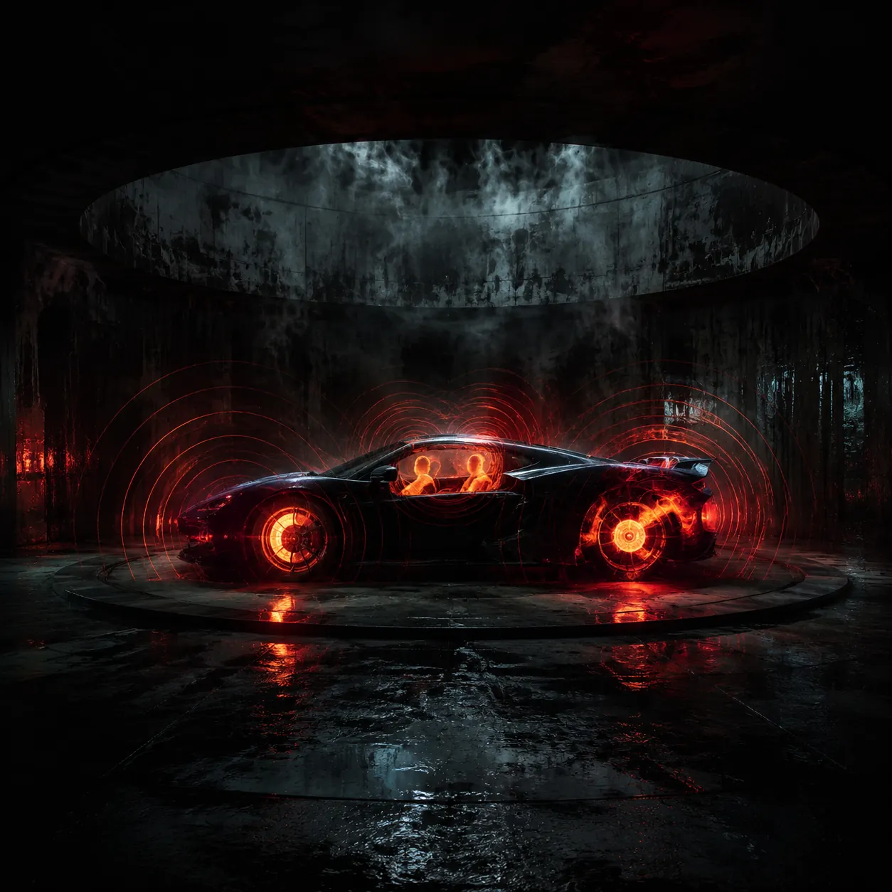 A black car with glowing wheels sitting inside a circular industrial chamber