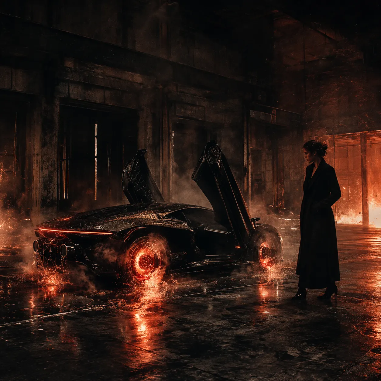 A woman in a long dark coat standing beside a black car inside a wet fire-lit warehouse