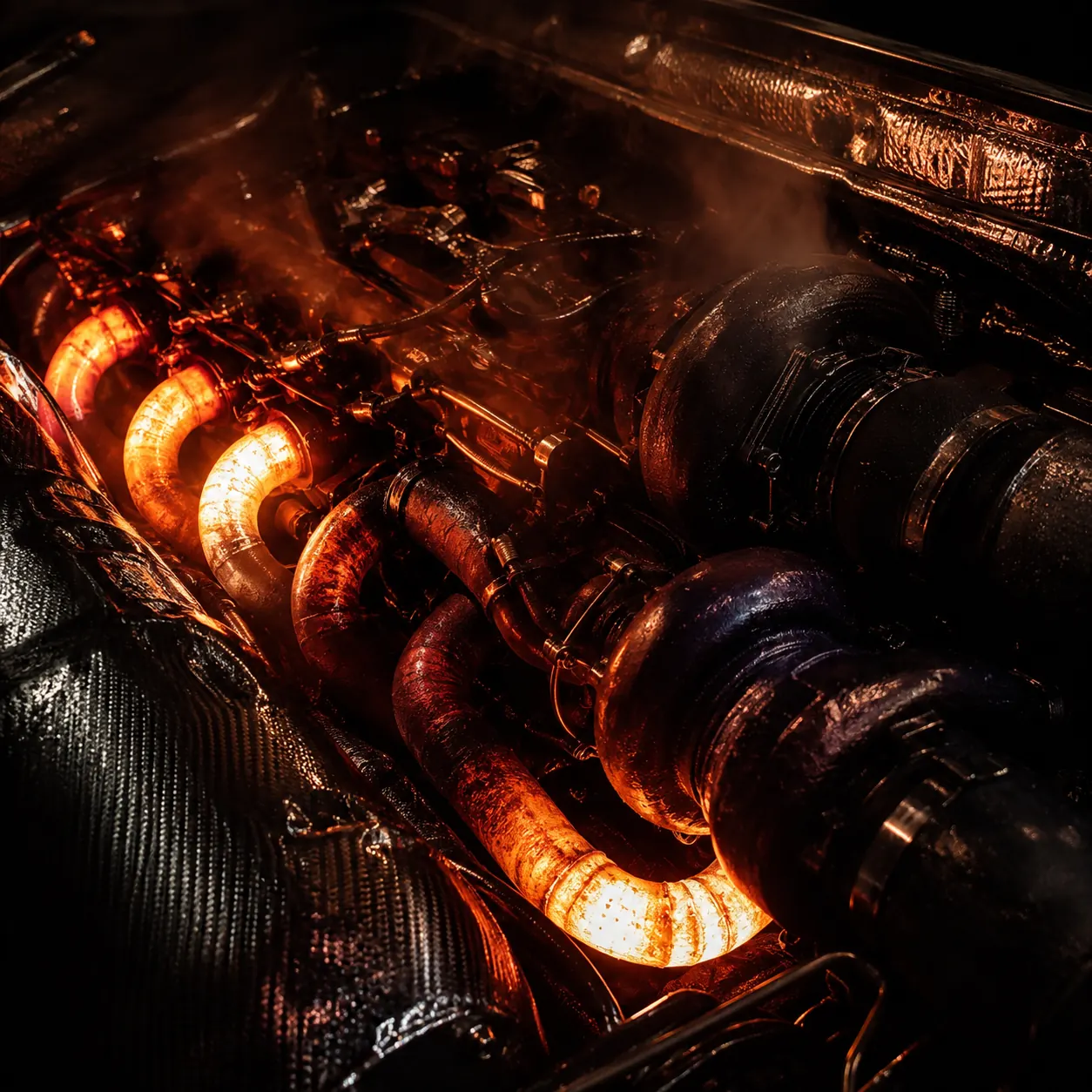 A performance engine with exhaust runners glowing furnace orange