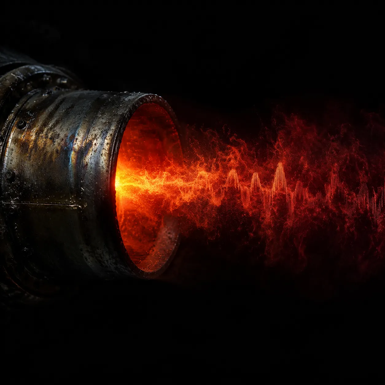 A circular black exhaust barrel radiating intense ember-red heat