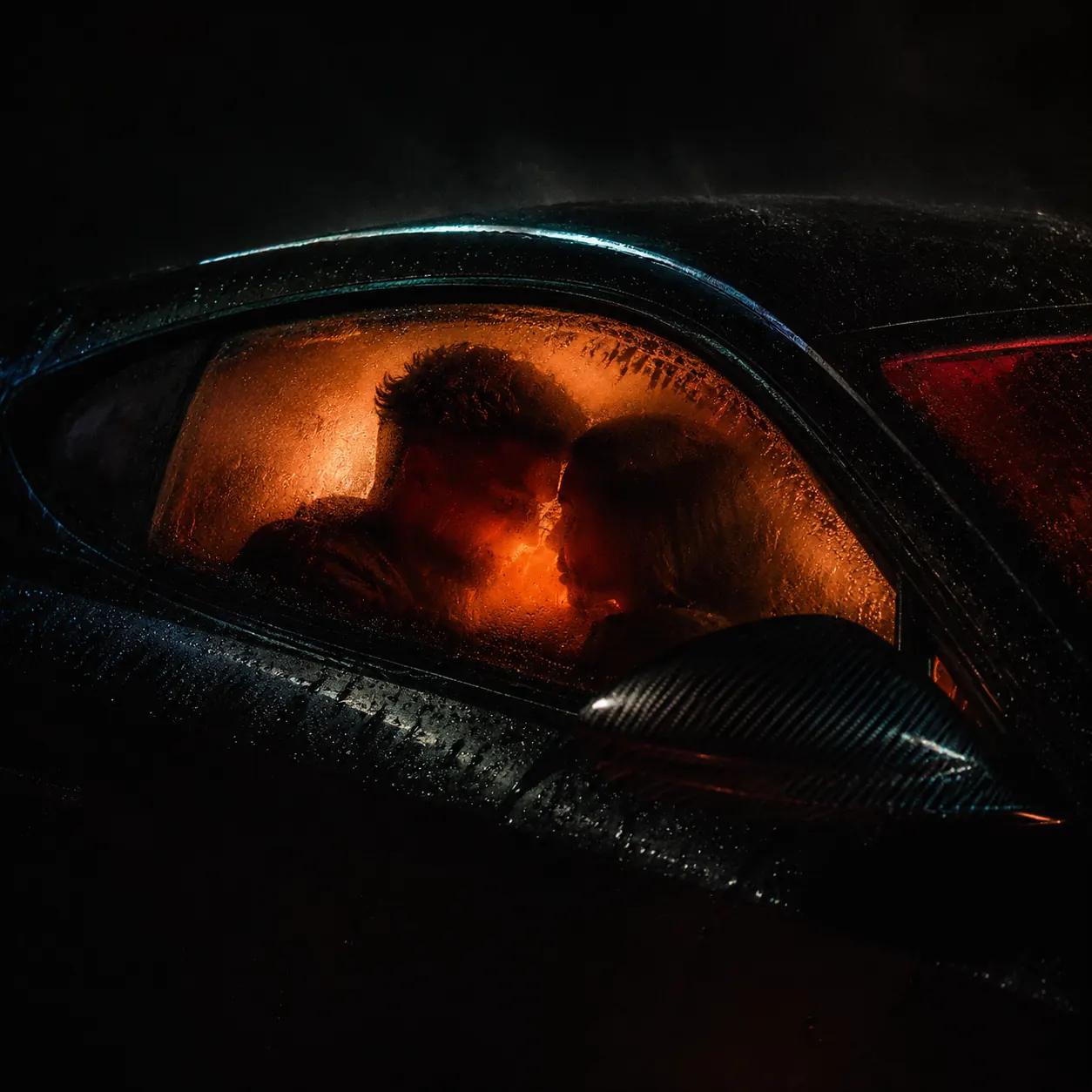 Two human silhouettes reflected inside the wet side glass of a black car