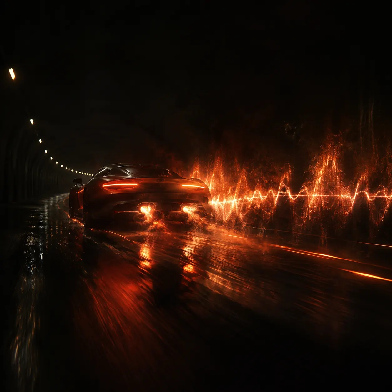 A black car moving down a rain-dark road beside a glowing red waveform