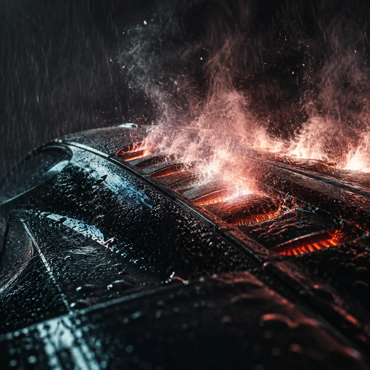Rain and steam erupting from the vented hood of a black car