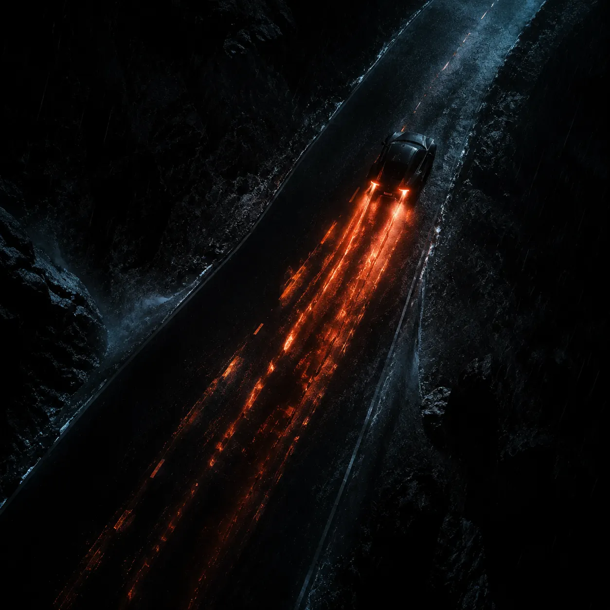 A black car seen from above leaving a glowing red thermal trail through darkness
