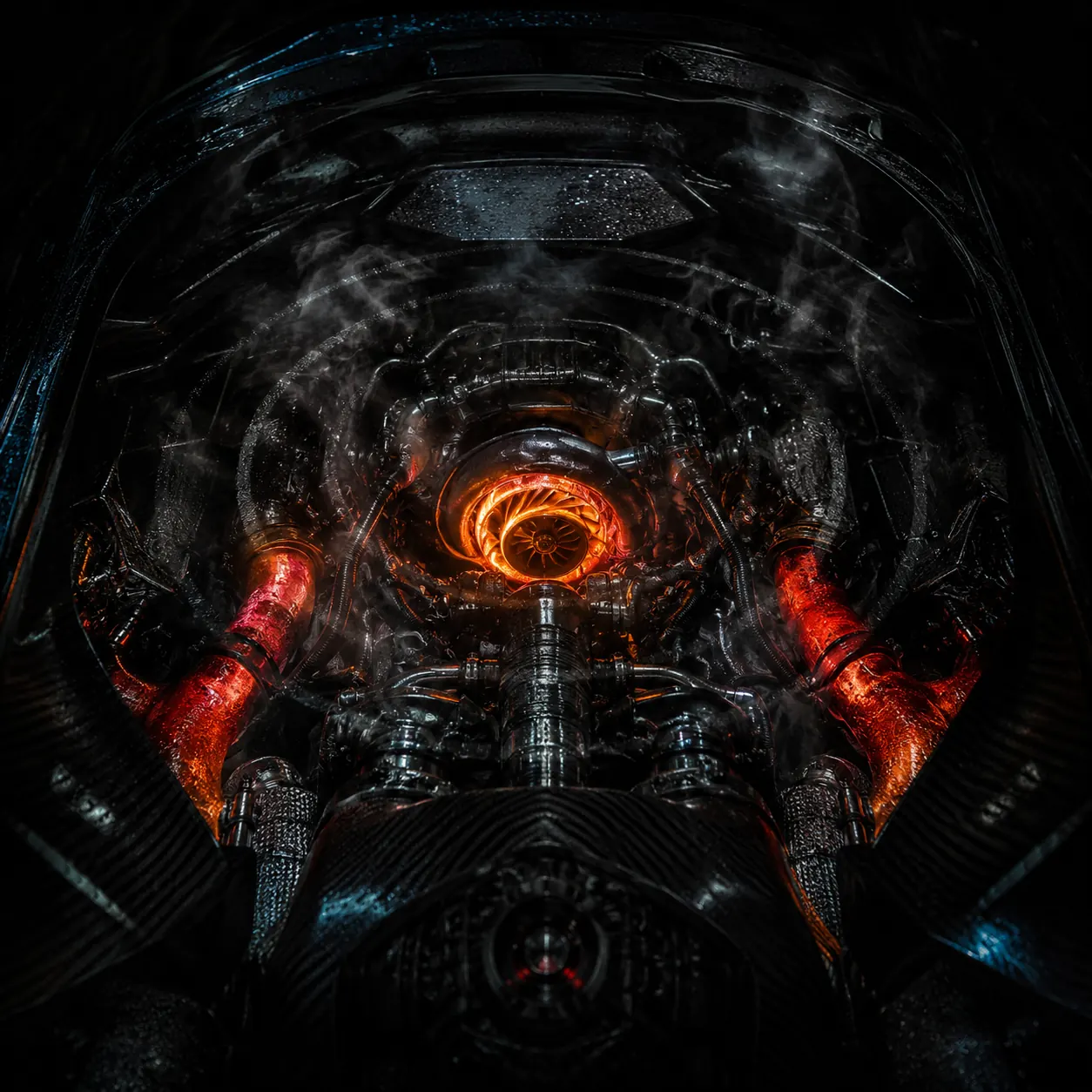A cockpit entering a dark circular tunnel with an ember turbine at its center