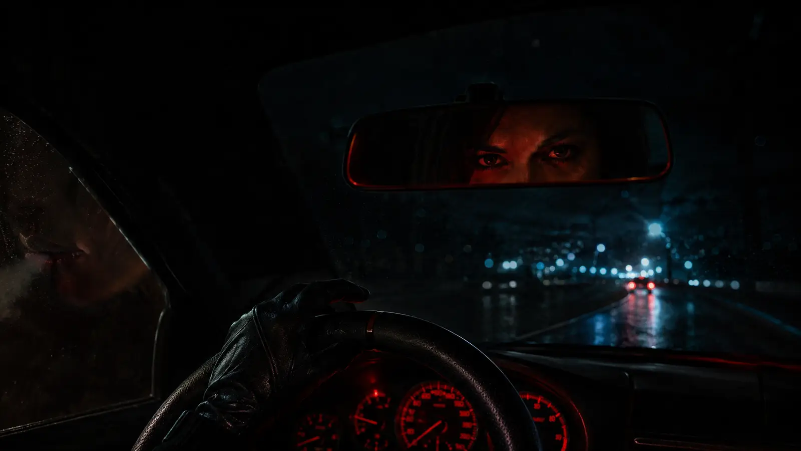 A hand pressed against a rain-covered black car window