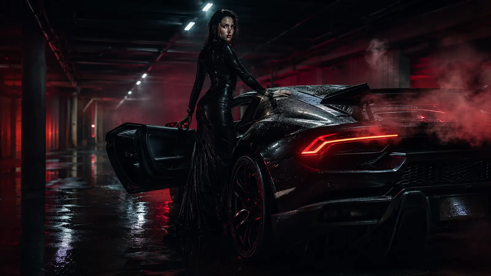 A woman seated on a black car beside dark water and city light