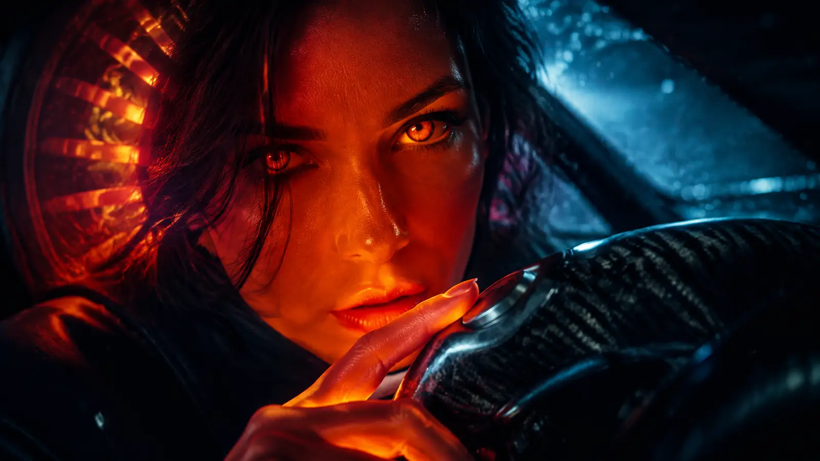 A woman's profile over the wheel of a speeding night car