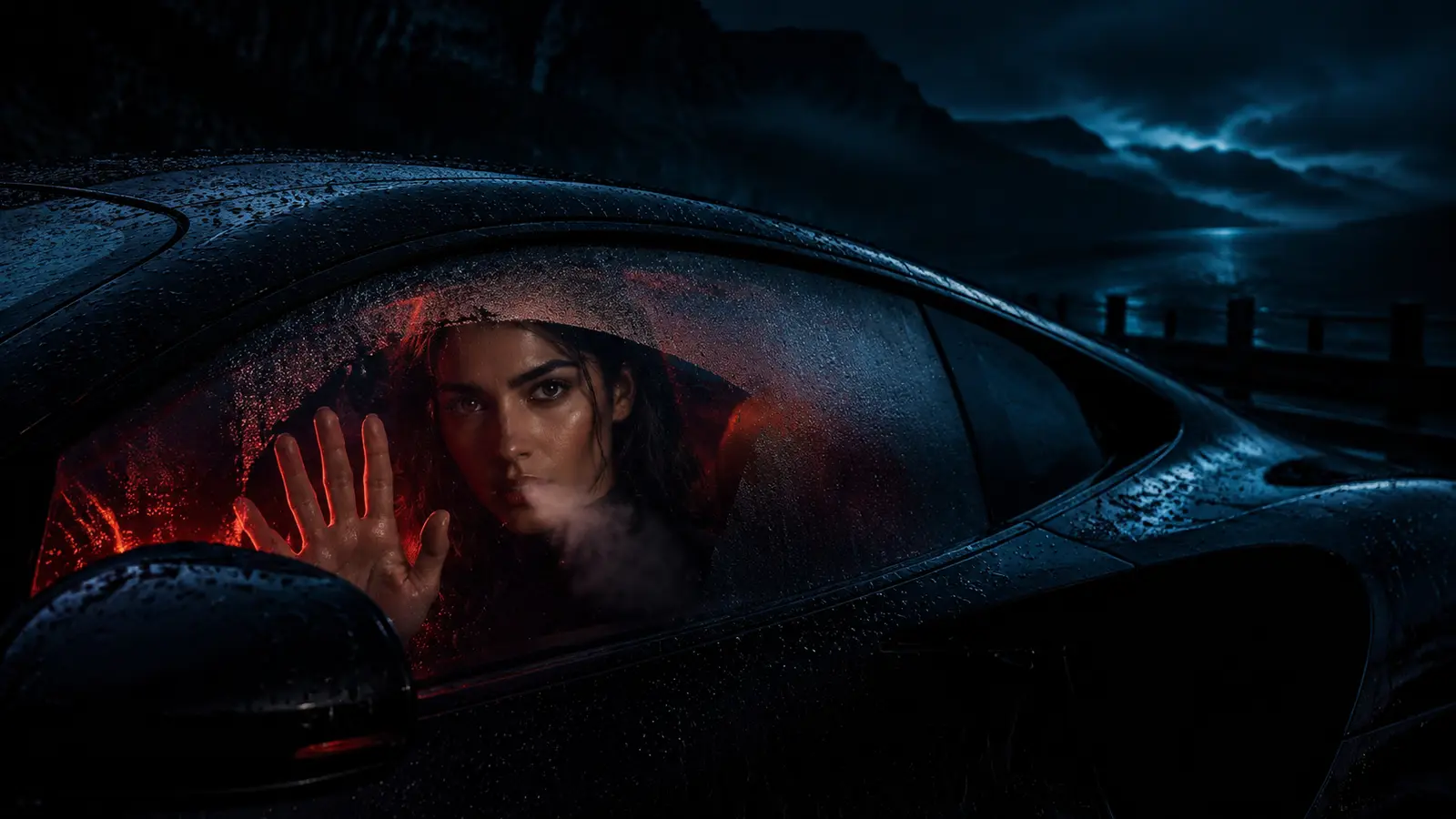 A woman perched over the rear of a black car under red light
