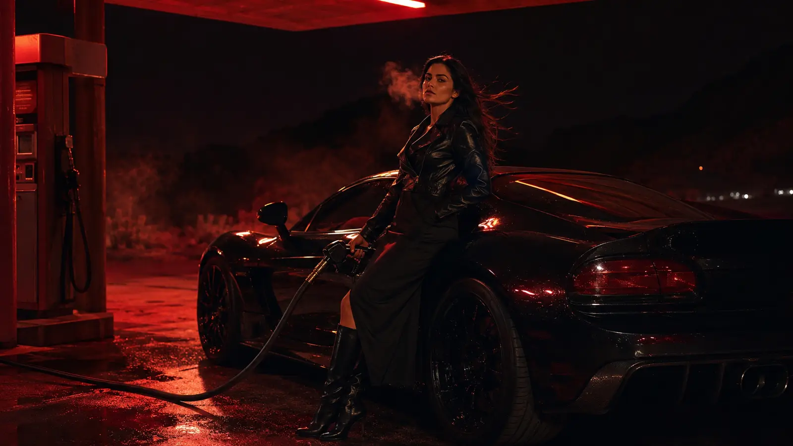 A woman in a long black coat standing between glowing taillights