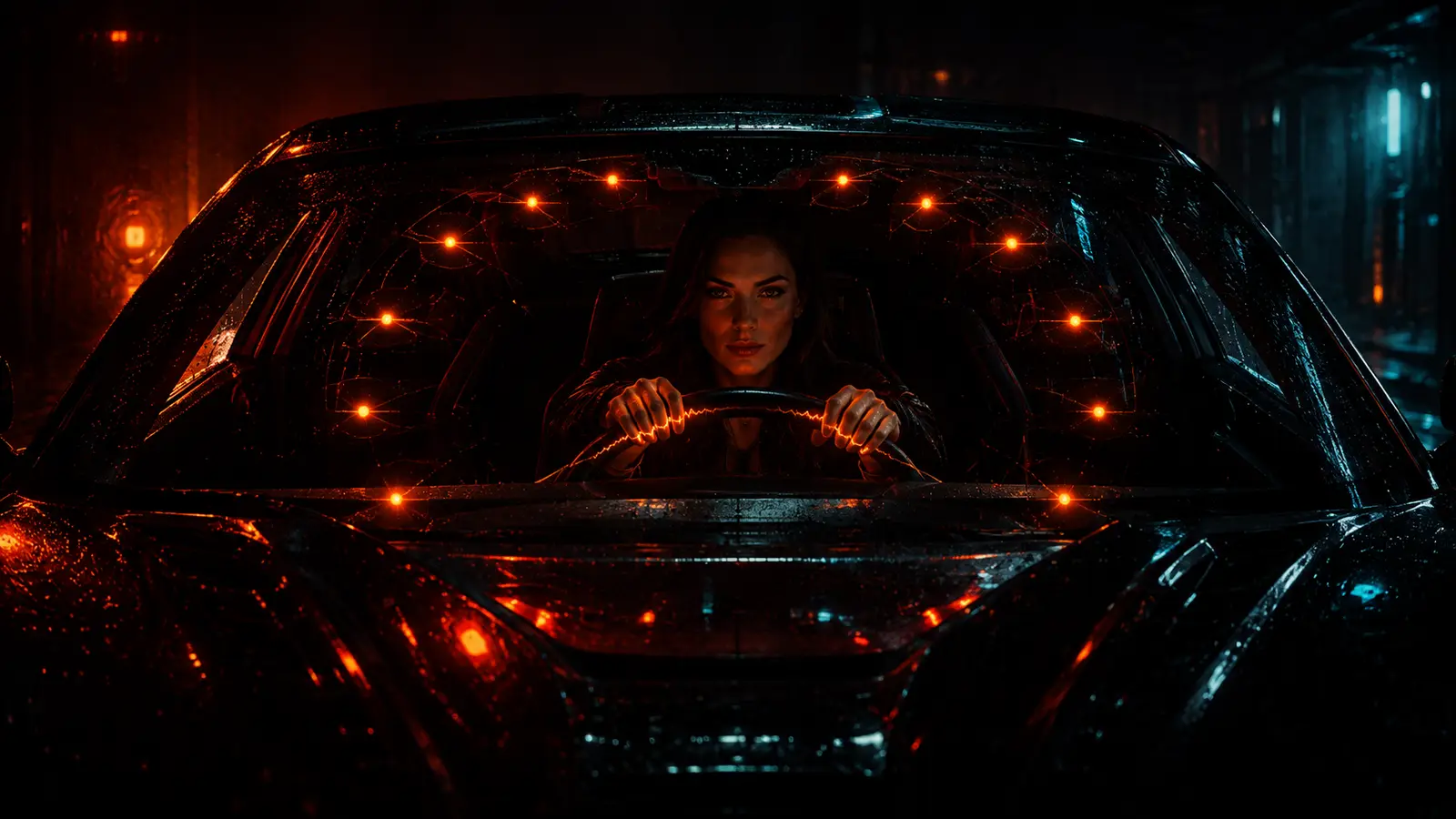 A woman leaning over an ember-hot engine under an open hood