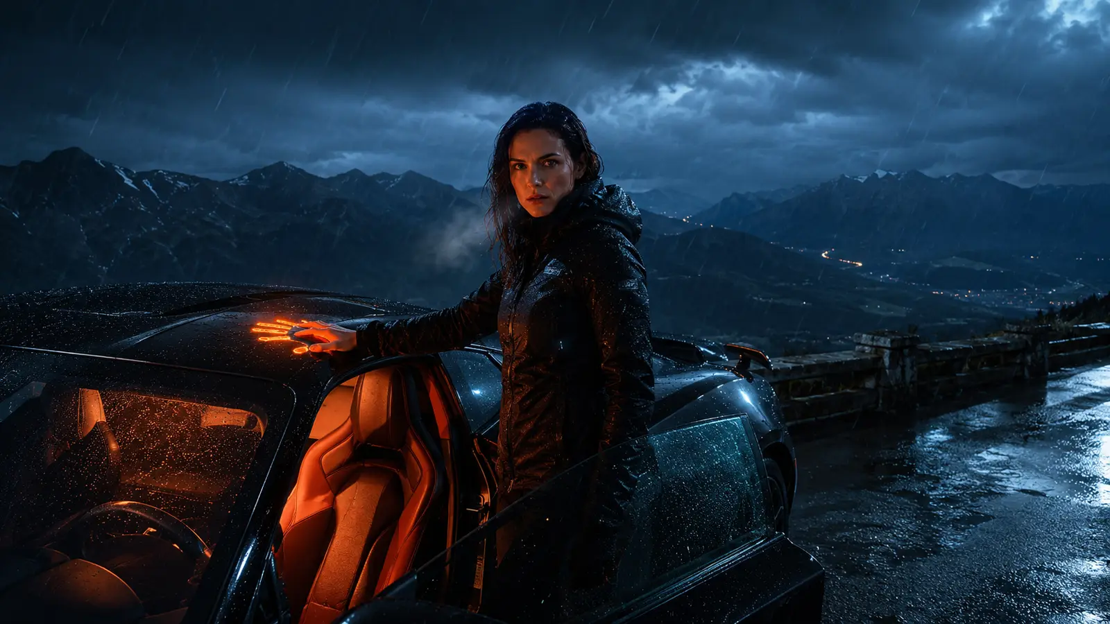 A woman seated deep inside a black car under warm red light