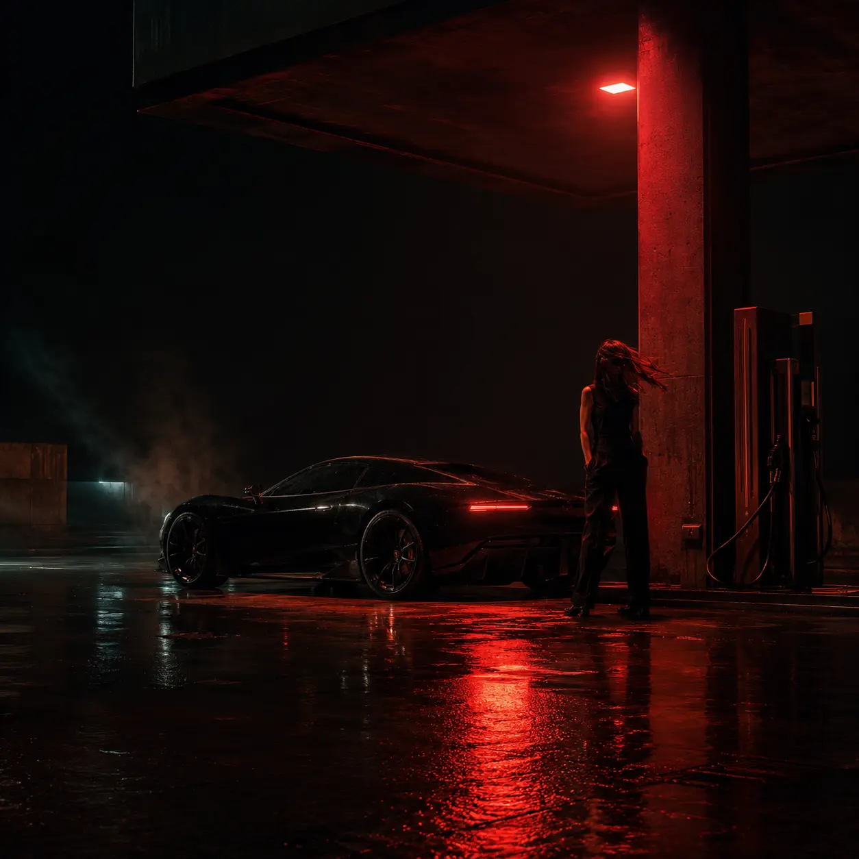 A lone figure against a rain-dark city and black car
