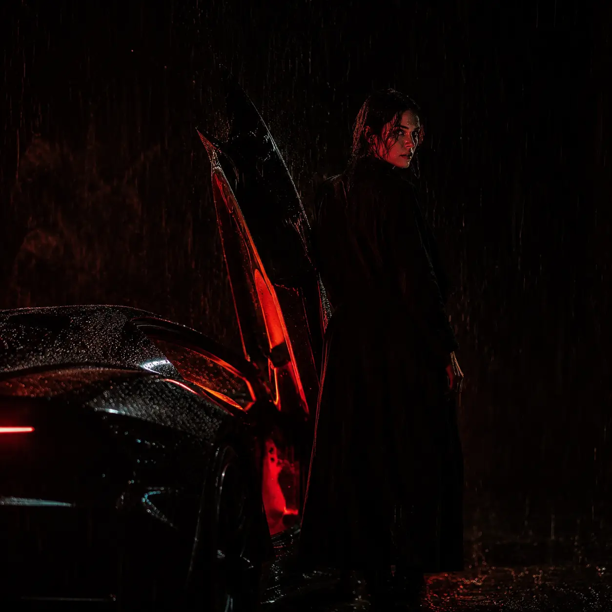 A woman close to a glowing wheel inside a dark garage