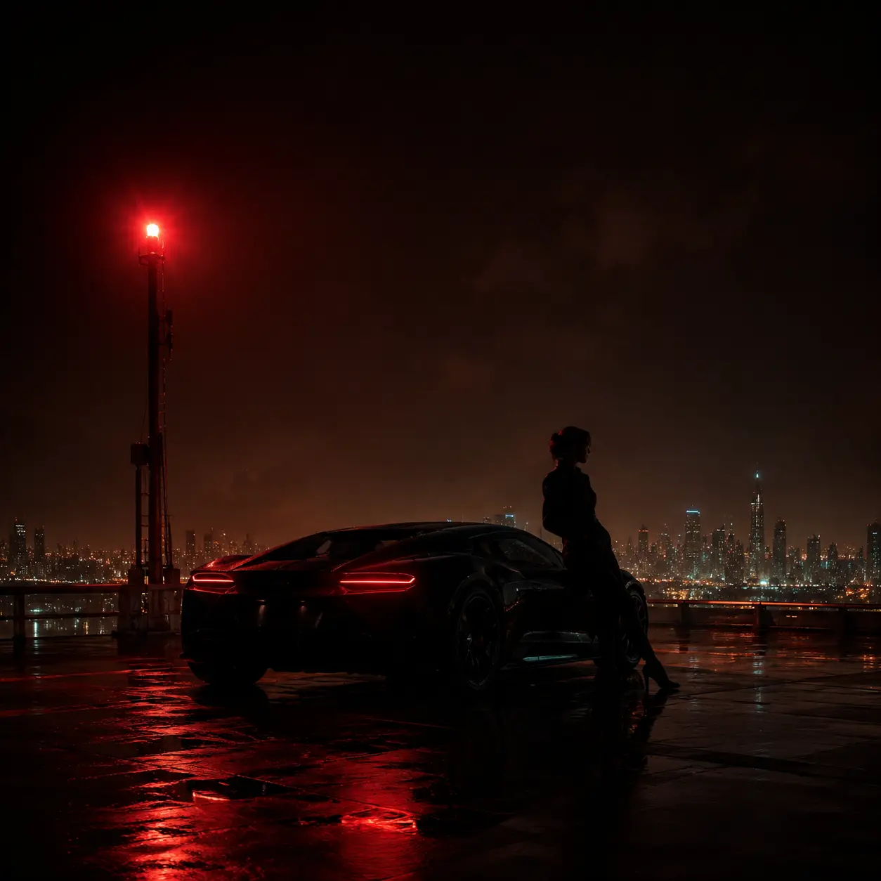 A black car entering a glowing red waveform tunnel