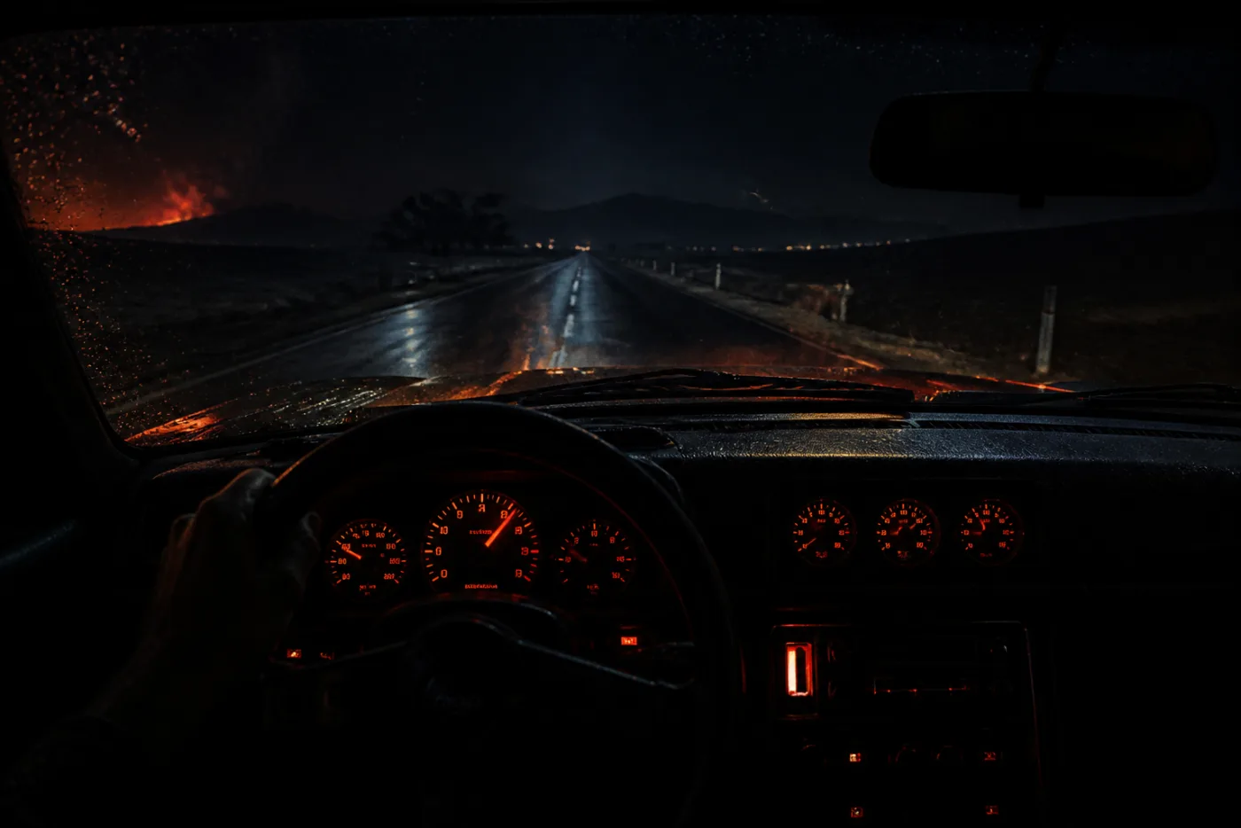 A dark car cockpit with ember-red instruments on a wet road at night