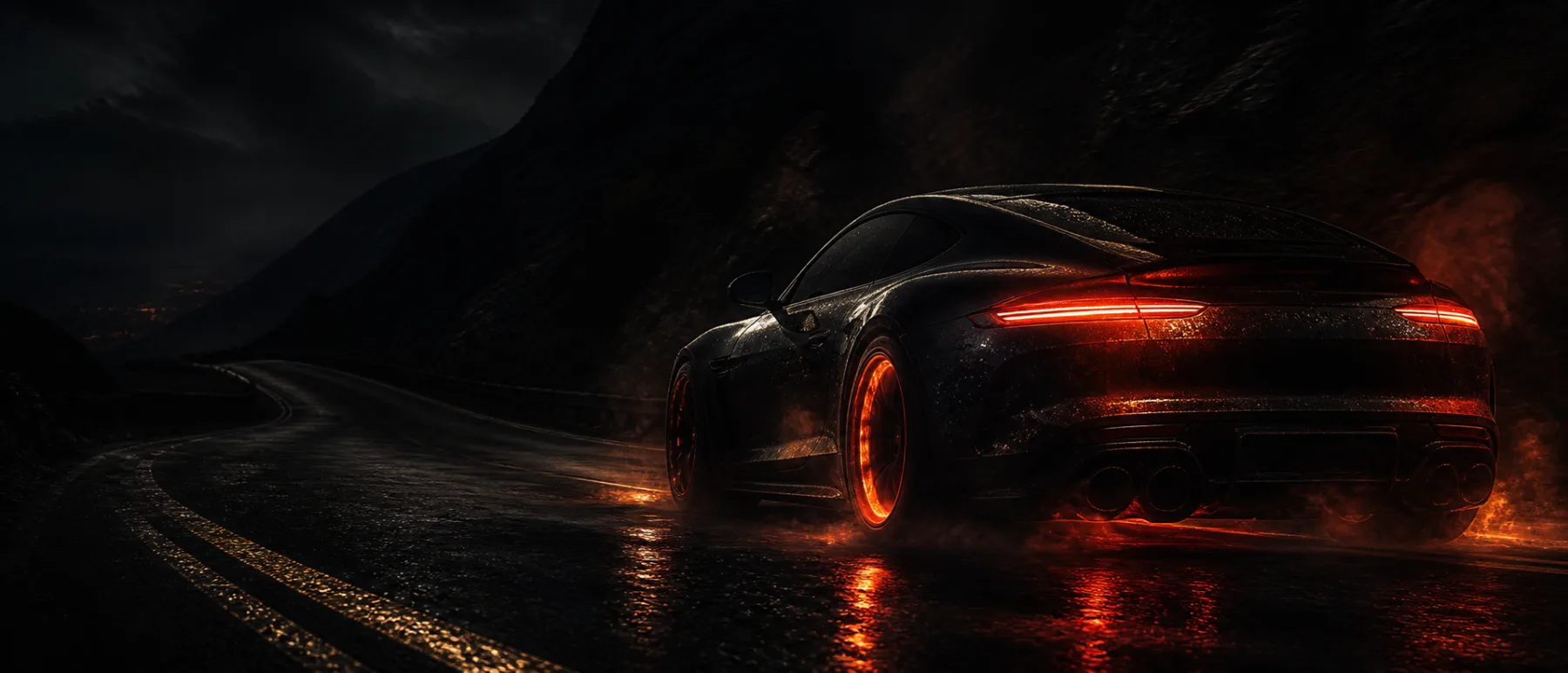 A black performance car radiating ember heat on a wet mountain highway at night