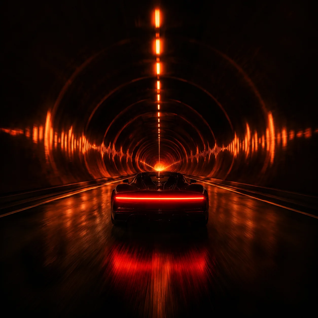 A wet ember-lit highway entering a dark tunnel
