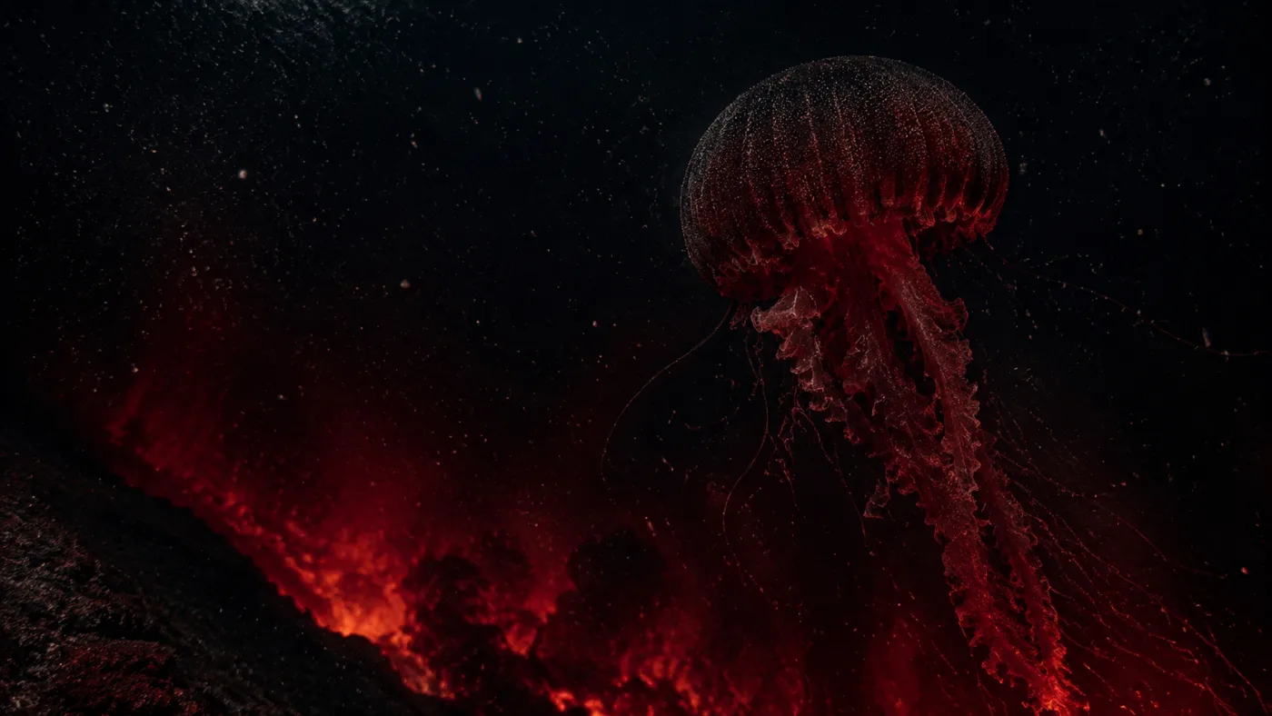 A pressure vessel moving through a dark bioluminescent ocean