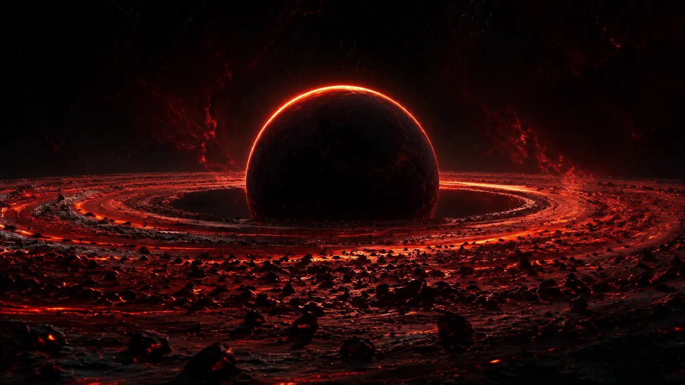A black planet suspended above a molten HEATSOAK horizon